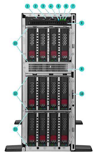 Vista frontal: chasis LFF con kits de jaula de disco duro Gen11 4LFF opcionales mostrados en modo torre