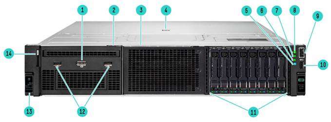 Front View – 8SFF chassis with optional Universal Media Bay shown
